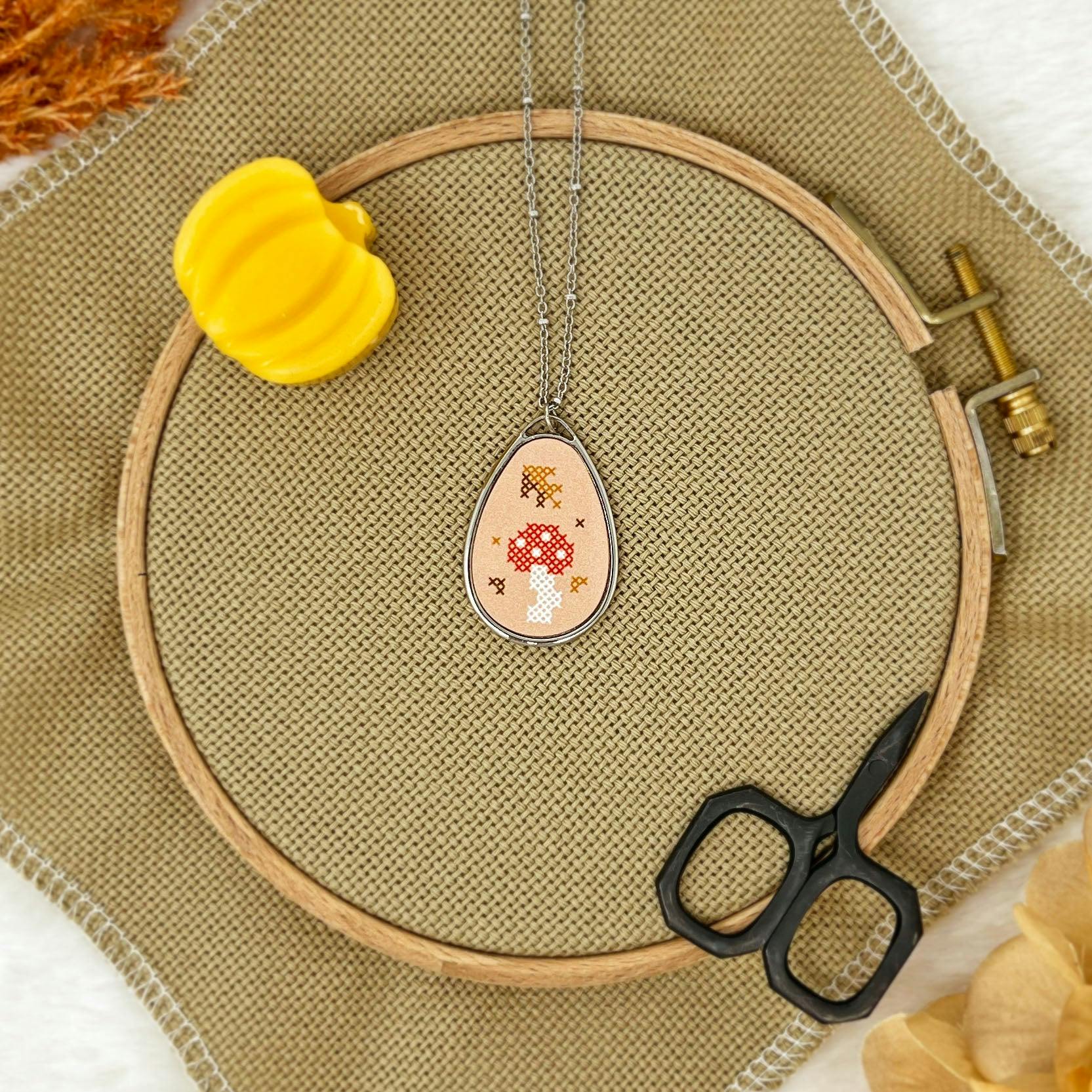 Autumn Mushroom Cross Stitch Necklace